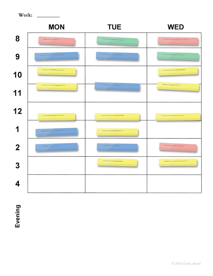 A Clarity Board Calendar week filled in with colored sticky notes
